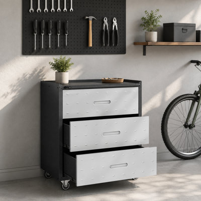 34.65" Heavy-Duty 3-Drawer Metal Tool Storage Cabinet with Wheels, Rolling Garage & Workshop Organizer with Raised Worktop, Lockable Casters, Smooth Glide Drawers, Black/Gray