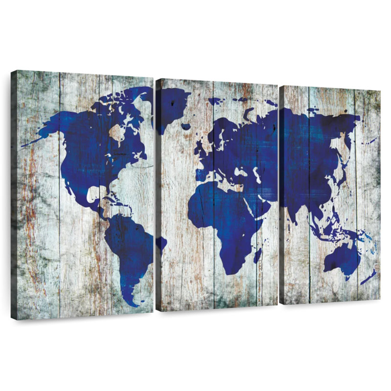Carte du monde bleu Aliaz sur bois, H 24 po x l 38 po