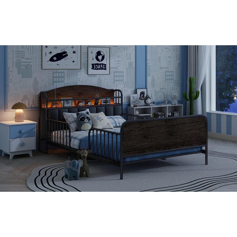 Structure de lit plateforme pleine grandeur en métal avec lumière, lit double en métal pour enfants avec tête de lit tapissier et rangement, noir (date d’arrivée prévue 2025/10/5)