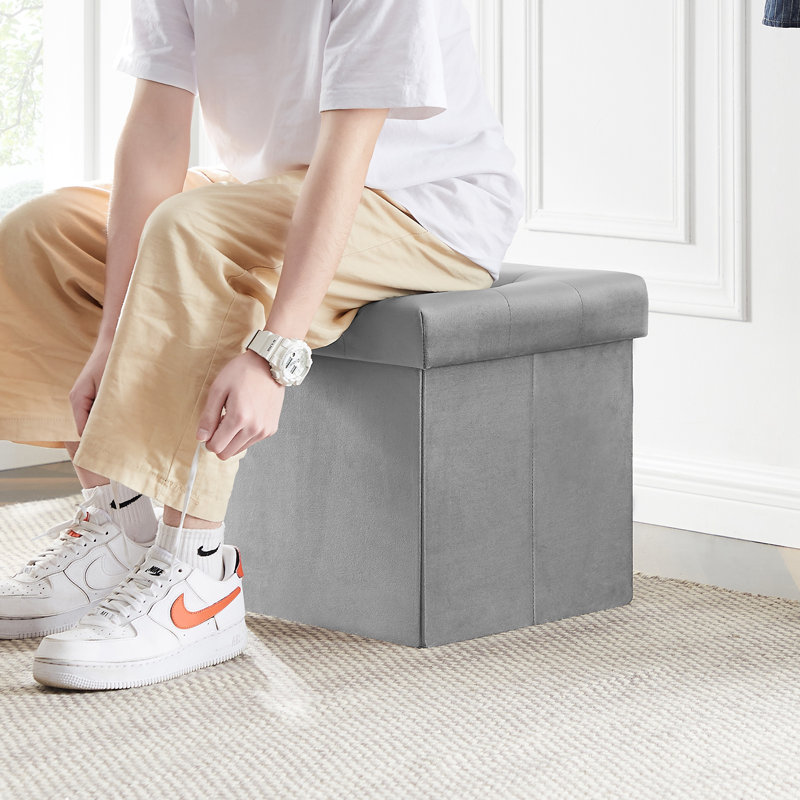 Upholstered Storage Ottoman, Gray Polyester Blend
