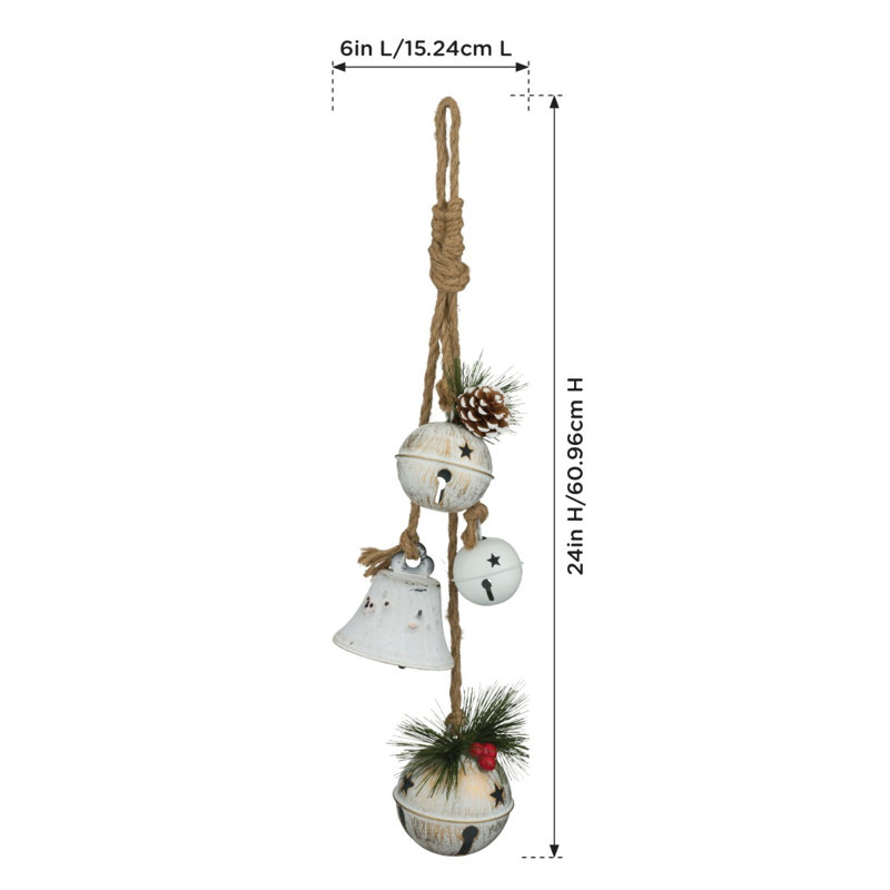 24" White Metal Jingle Bell Hanging Holiday Ornament with Jute Rope and Beaded Accents , Antique White