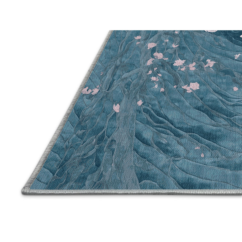 Machine Washable Blue Area Rug, Round 3'