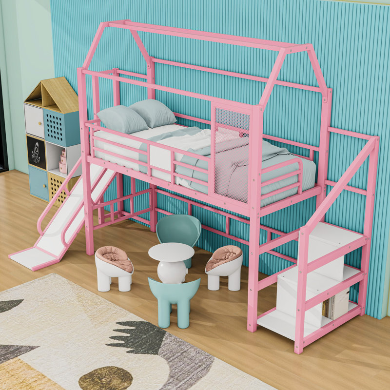 Metal Loft Bed With Staircase And Slide, Twin, Pink
