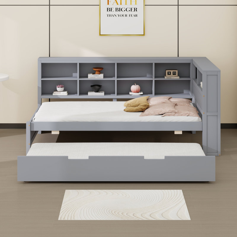 Lit de jour en bois avec lit gigogne, lit de jour avec tablette de rangement et ports de chargement USB, gris, Lit simple