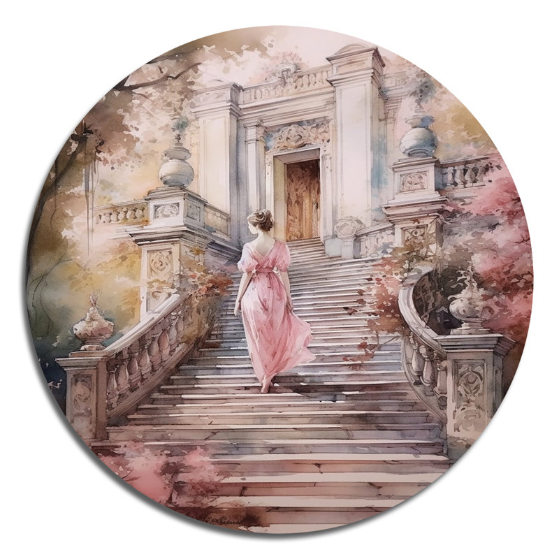 Femme élégante qui marche dans les escaliers II - mode ronde, art en métal, H 29 po x l 29 po