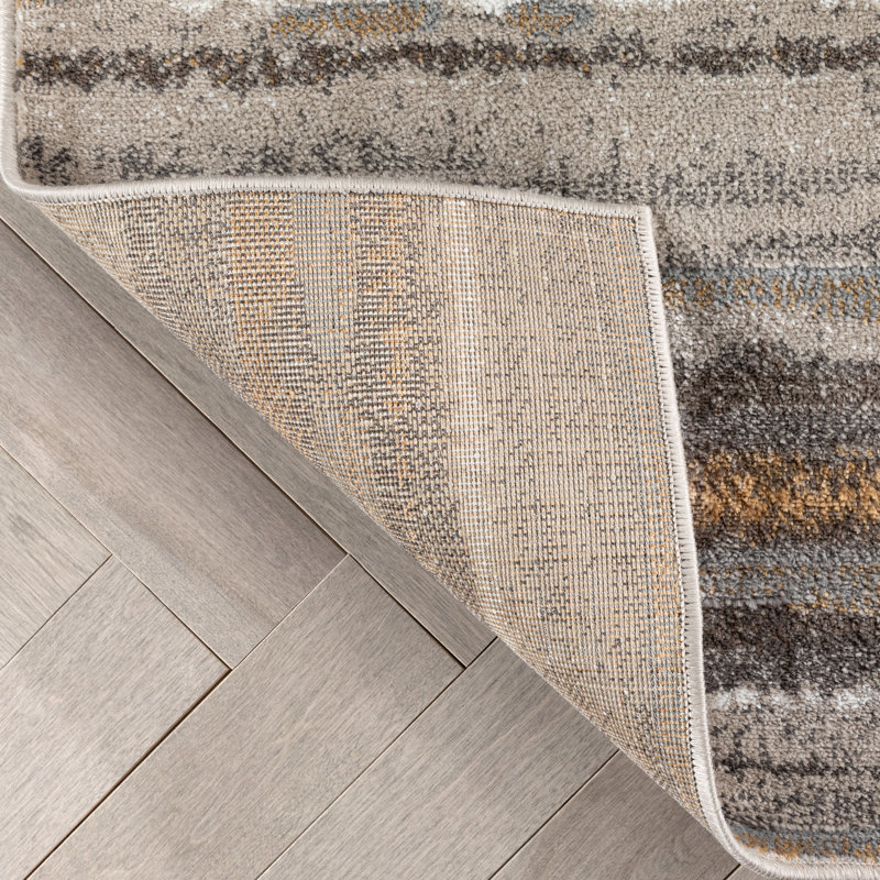 Gray Geometric Striped Polyester Runner Rug
