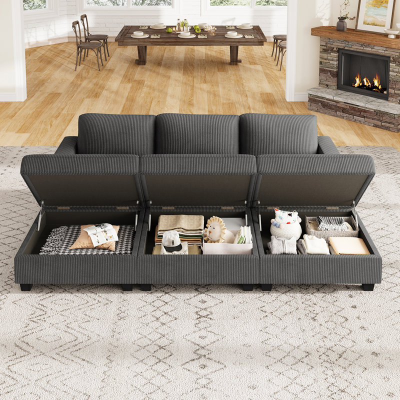 Upholstered Corduroy Sleeper Sectional Storage Sofa Bed For Small Space, Gray Corduroy
