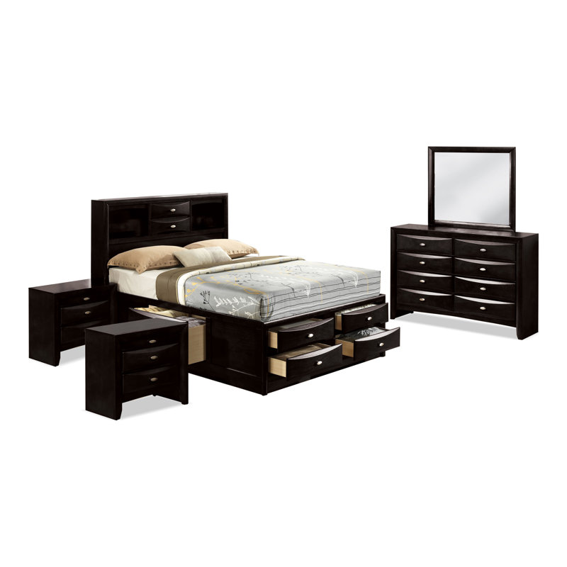 Ensemble de chambre Urbanek, Black, Cinq pièces : Lit, 2 tables de chevet, commode, m, Grand