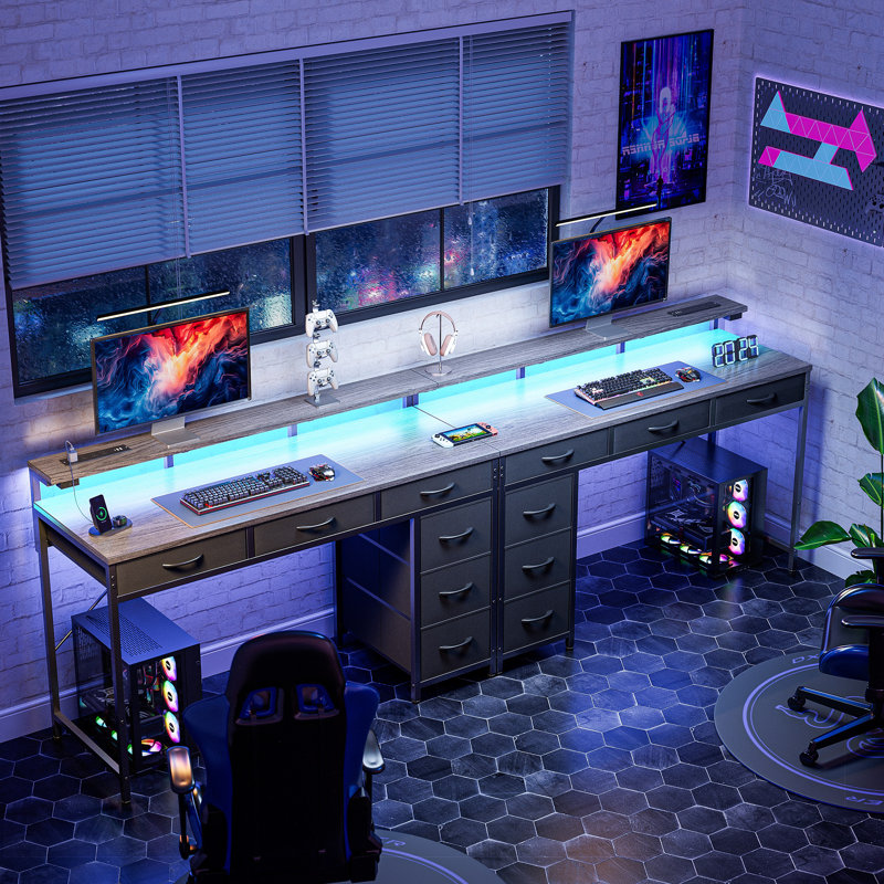 Keldric Rectangle Desk, Computer Desk with Drawers, Gaming Desk with LED Lights, Small Desk with Power Outlets, Writing Desk with Storage, Home Office Desk with Monitor Stand for Study