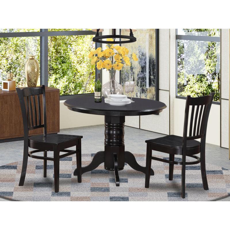 3 Piece Dining Table Set for Small Spaces Contains a Round Kitchen Table with Pedestal and 2 Dining Chairs, Black, Black