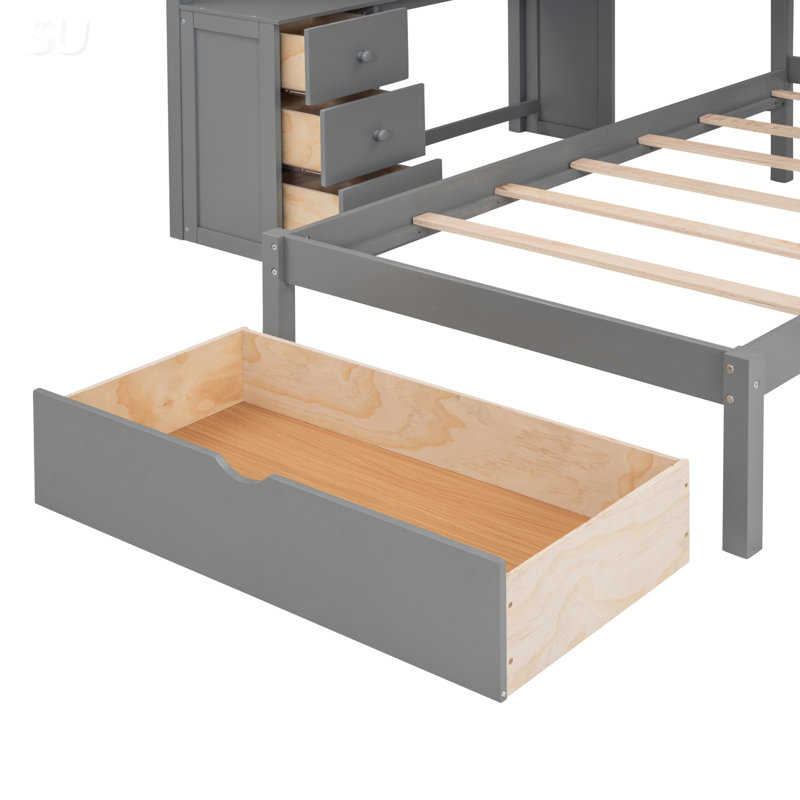 Lit superposé double au-dessus de simple avec bureau, tiroirs et tablettes, Gris