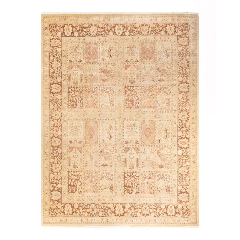Tapis unique ivoire / brun / rouille noué à la main 8 pi 4 po x 11 pi 2 po Hayner
