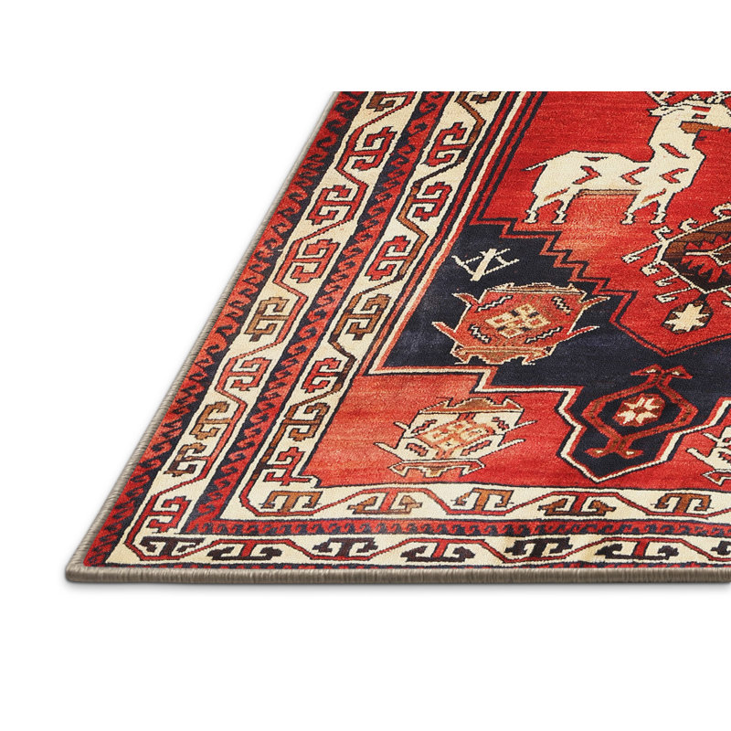 Tapis traditionnel rouge / noir / beige, Rectangle 4 pi x 6 pi