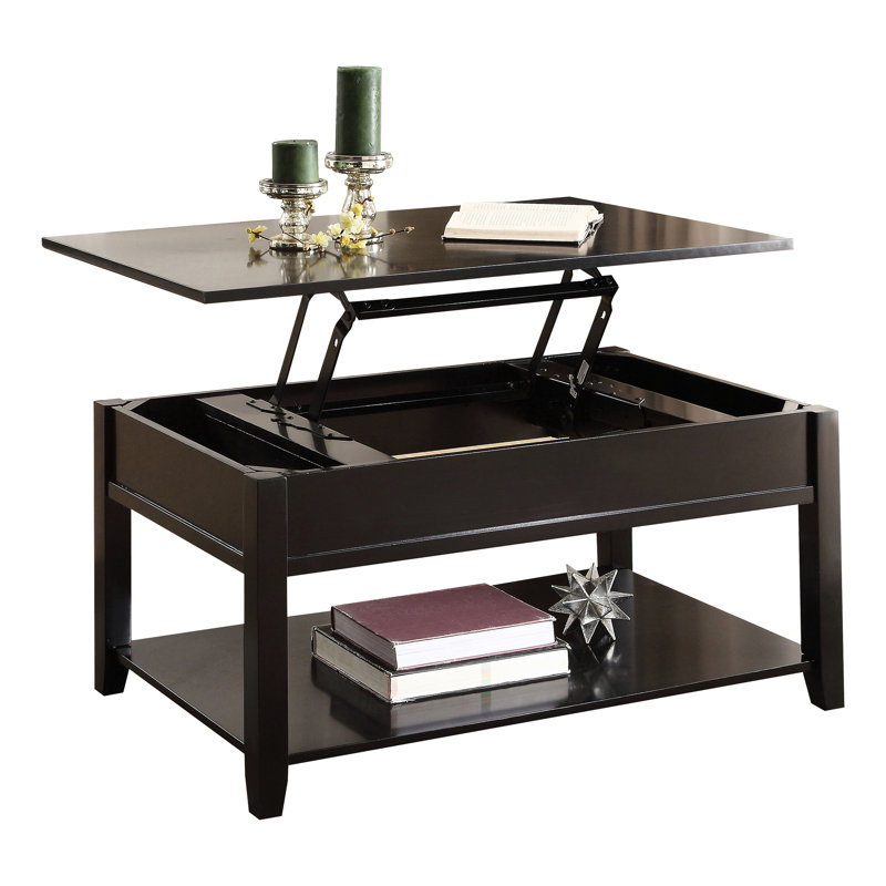 Table basse rectangulaire noire avec fonction de levage et espace de rangement ouvert pour le dessus de la maison avec faux tiroir