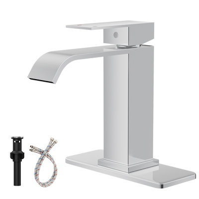 Robinet pour salle de bain à poignée simple et simple arche avec drain escamotable en chrome poli Waterfall