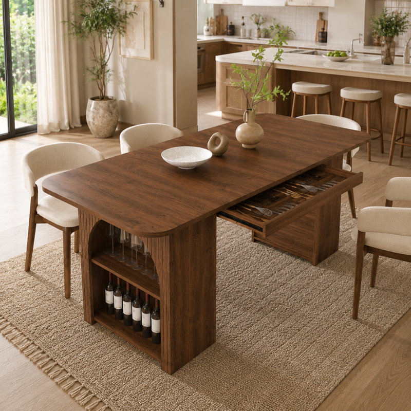 Table de salle à manger 70,87 pouces avec tiroirs et tablette ouverte, table de salle à manger de style Mid-Century moderne en noyer pour 4 à 6 personnes, table de salle à manger rectangulaire en bois aggloméré avec rangement pour la salle à manger