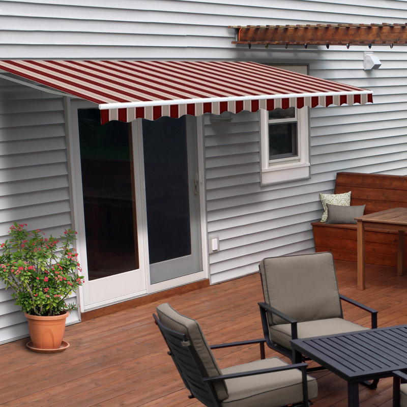 ALEKO Motorized Retractable Outdoor Awning with White Frame, Multistripe Red, 13' W x 10' D