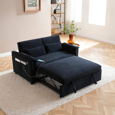 Canapé-lit coulissant à deux places en velours de 55 po, dossier réglable avec ports USB, deux poches latérales, canapé-lit convertible 3 en 1, causeuse moderne, 2 coussins pour le salon