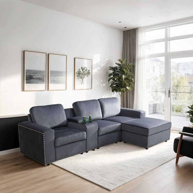 Upholstered L-Shaped Sectional Reversible, Gray Microfiber/Microsuede