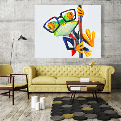 Drôle de grenouille avec des lunettes - art contemporain bleu sur toile