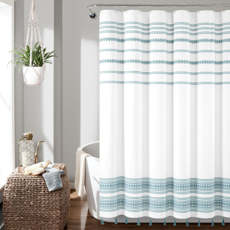 Cotton Blend Striped Shower Curtain, Blue/White
