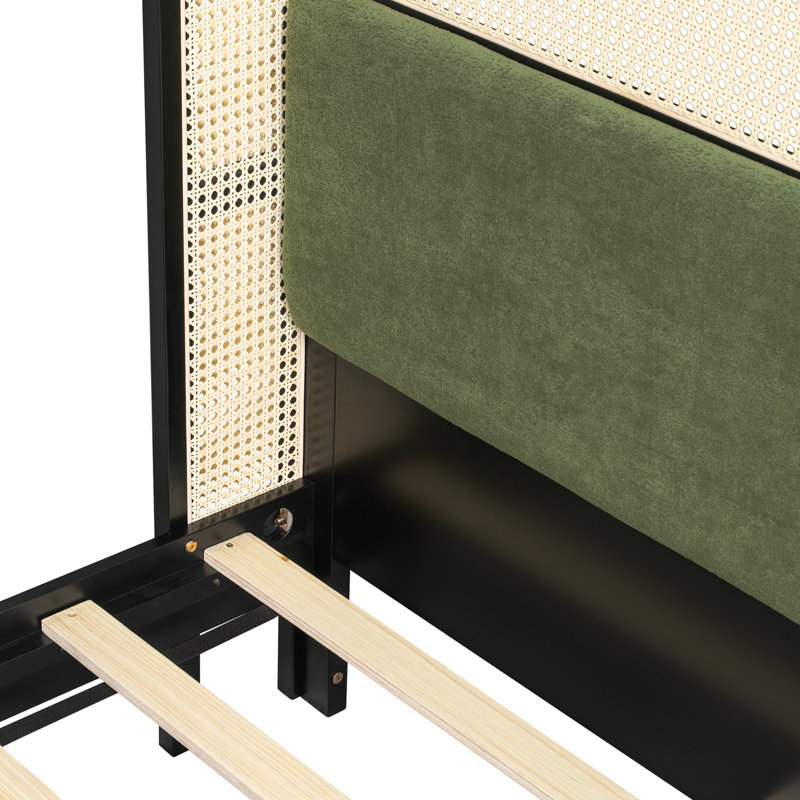 Structure de lit grand avec tête de lit verte, lit en bois massif noir et vert, aucun sommier requis, mobilier de chambre moderne