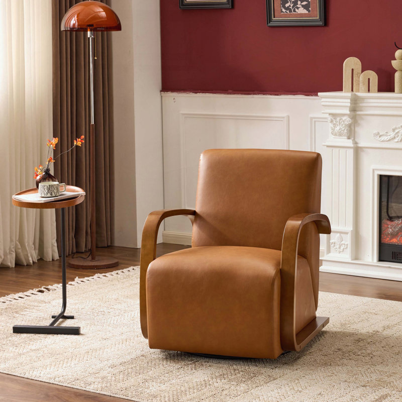 Fauteuil d'appoint pivotant rétro, similicuir et accoudoirs courbés en bois massif