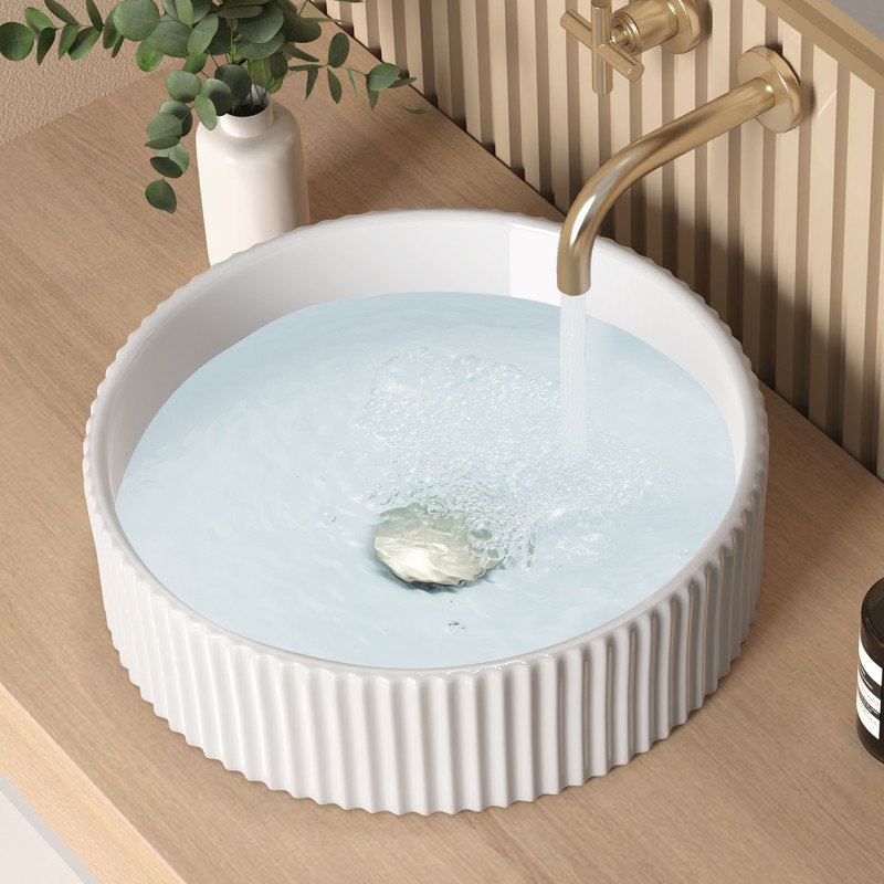 White Ribbed Ceramic Round Above-Counter Vessel Sink
