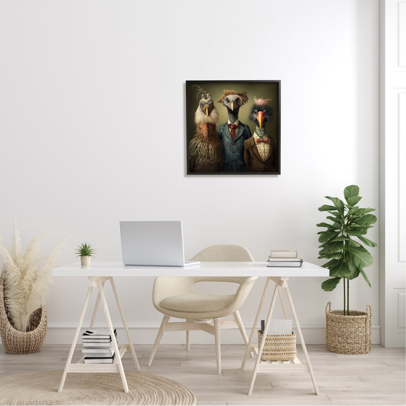 Ba-920 - Oiseaux dans des costumes de fantaisie, impression sur bois, Giclée encadrée noir minuit