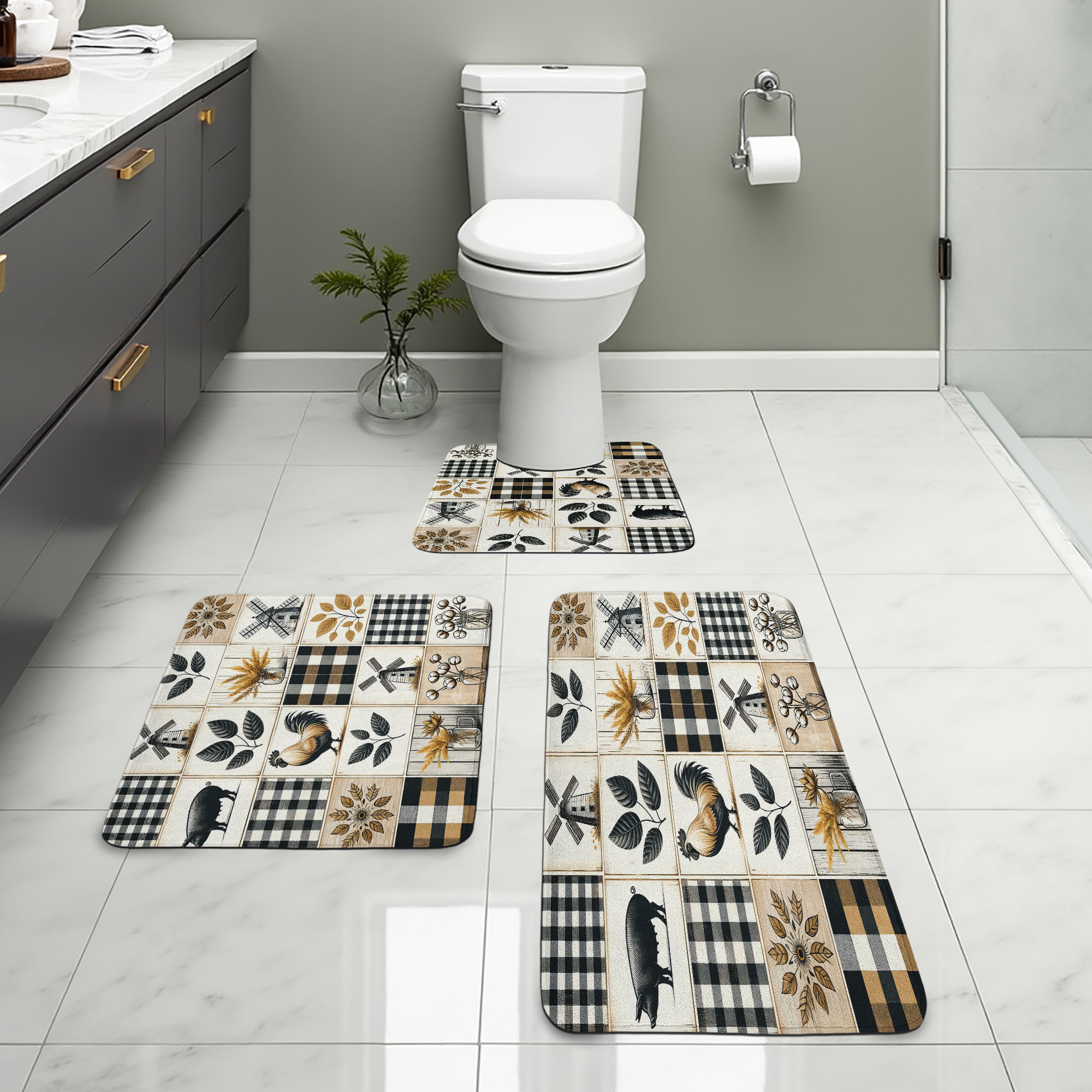 Ophelia & Co. Farmhouse Bathroom Rug Set 3 Pieces U-Shape & Rectangle Mats Pale Brown Charcoal ...
