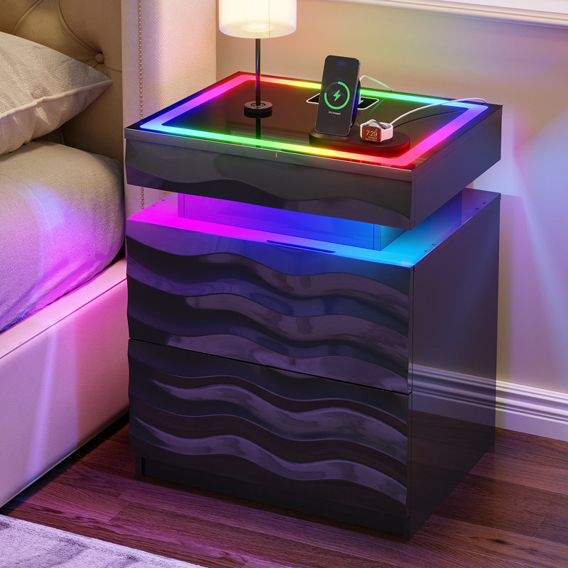 Motion Sensor RGB Light Bedside Table with Tempered Glass Top and Hidden Storage, Black