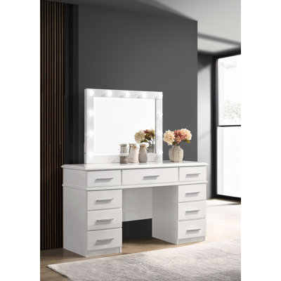 Clapp 9-drawer Vanity Table Lighted Mirror Glossy White
