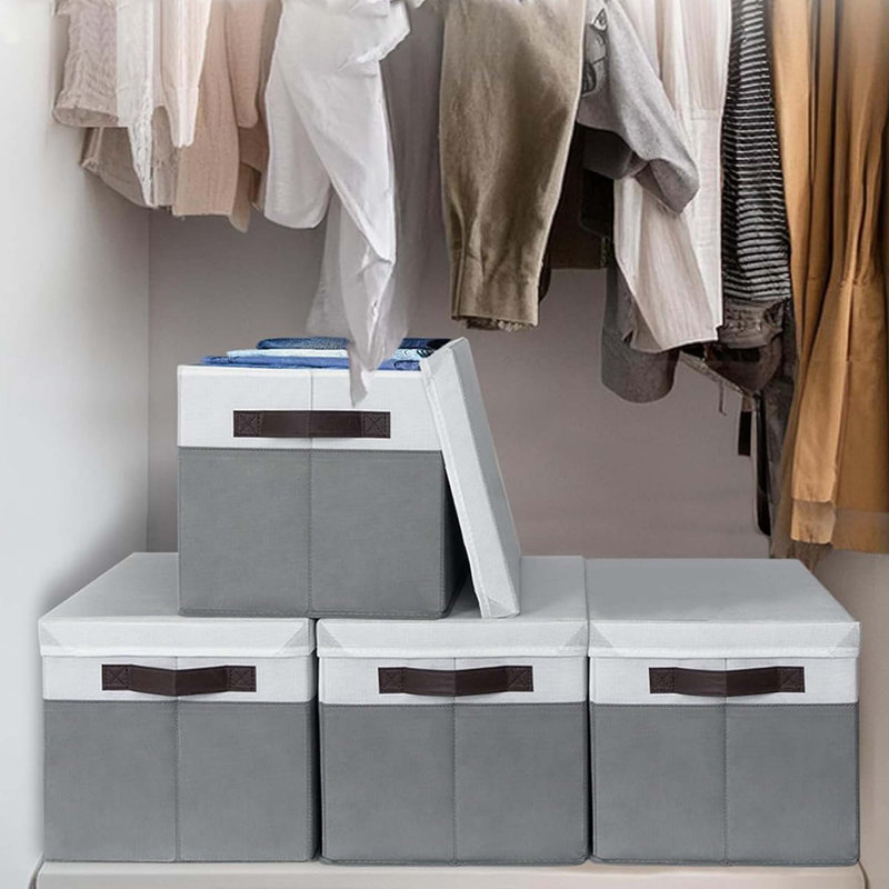 4 Pack Large Storage Baskets With Lids – Stackable Gray Organizer Bins, 14" X 10" X 9.5", For Closet, Bedroom, Nursery