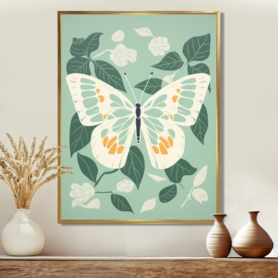 Papillon, ailes blanches sur fond vert - reproduction d'art mural papillon