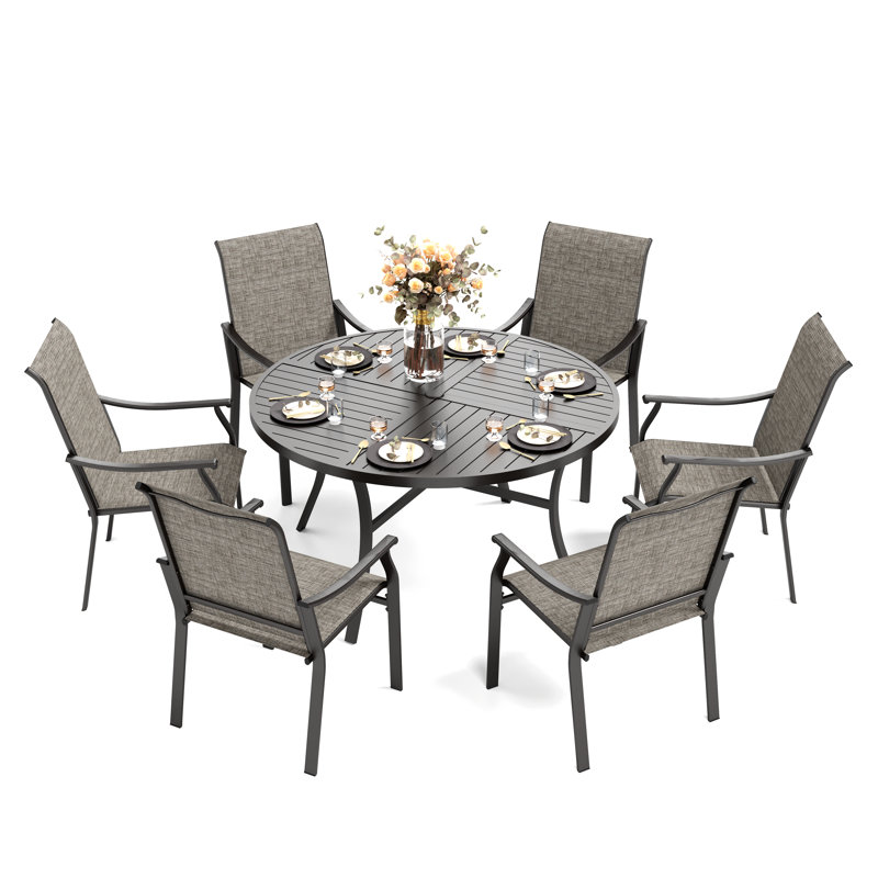Ensemble de salle à manger d'extérieur à grande table ronde 7 pièces avec chaises