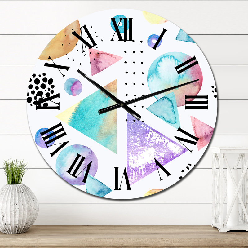 Rétro triangles cercles à pois sur fond blanc II - horloge murale à motifs, Moyen