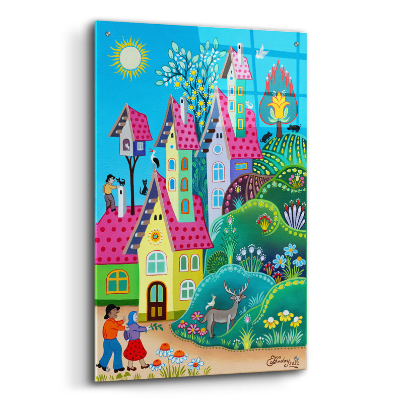 Art mural en verre épique «Magical Garden Neighbouring» par Koday, 24 po x 36 po