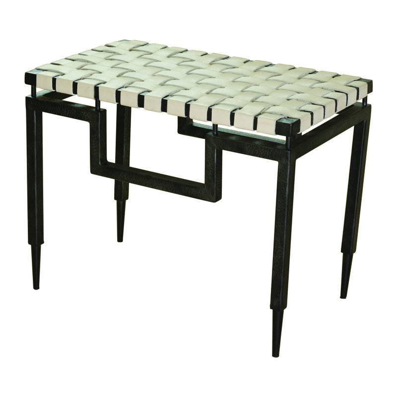 Hammered Black Iron Bench with Ivory Woven Leather Top