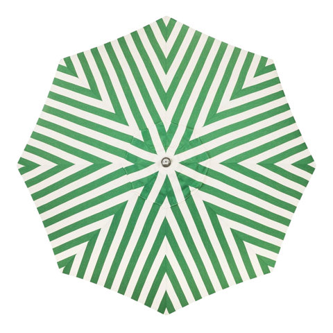 Overhead view of a green and white striped patio umbrella.