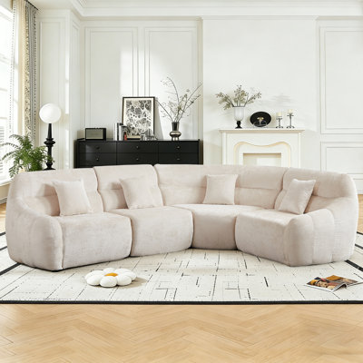 Beige Chenille Curved Sectional, Boneless Couch with 4 Pillows.Free Assembly