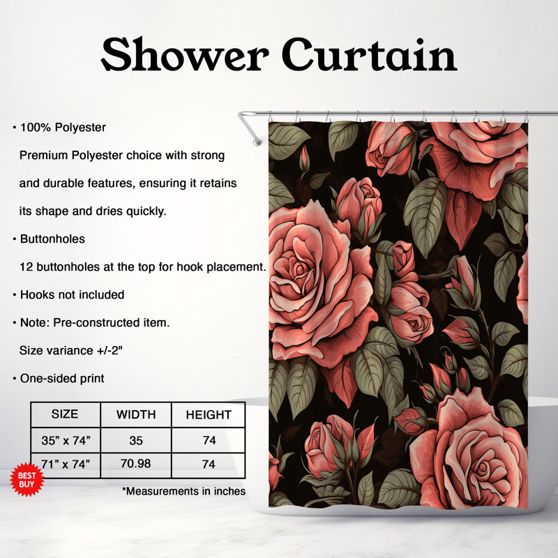 Rideau de douche 1 pièce Passionate Bloom, H 74 po x l 71 po