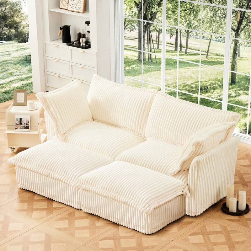 2 places avec repose-pieds, velours côtelé crème, dossier confortable en velours côtelé crème, confort durable