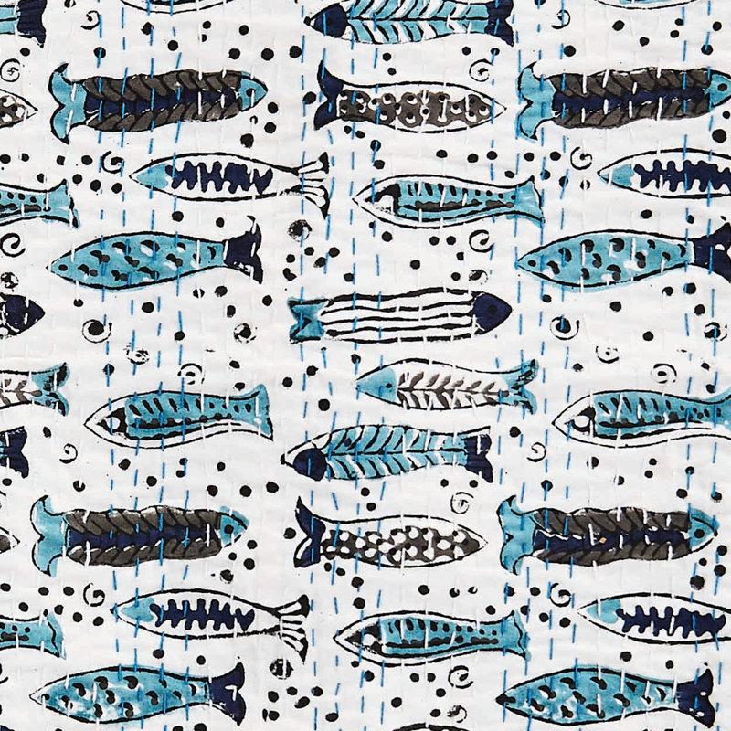 Serafina Handstitched Fish Print Coverlet, Queen
