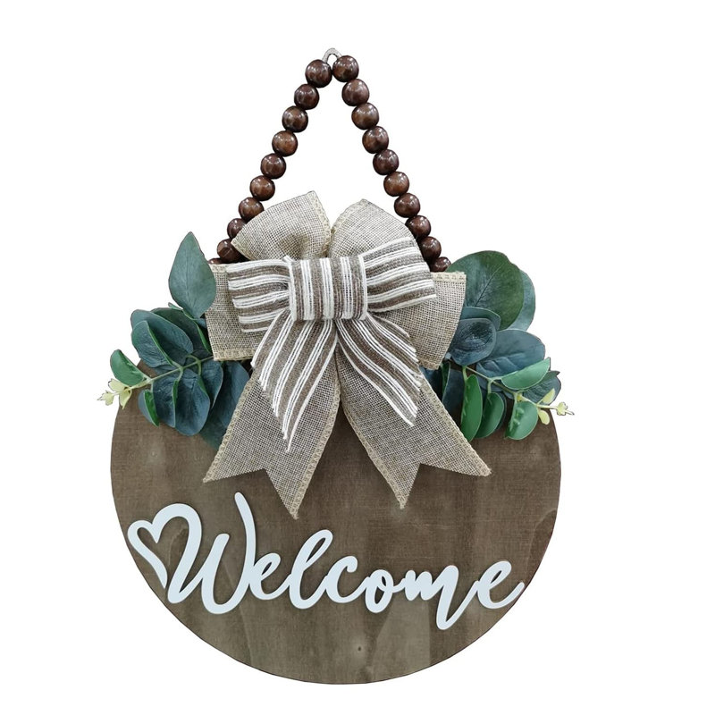 12" x 12" Round Faux Leaves & Rustic Beads | Farmhouse Porch Decor by 3D Wooden Welcome Sign Wall Art