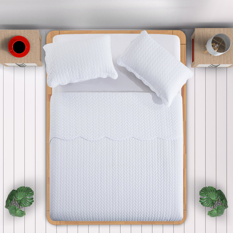 Ensemble de couvre-lit matelassé en microfibre embossée, Édredon très grand et 2 taies décoratives stand, Blanc