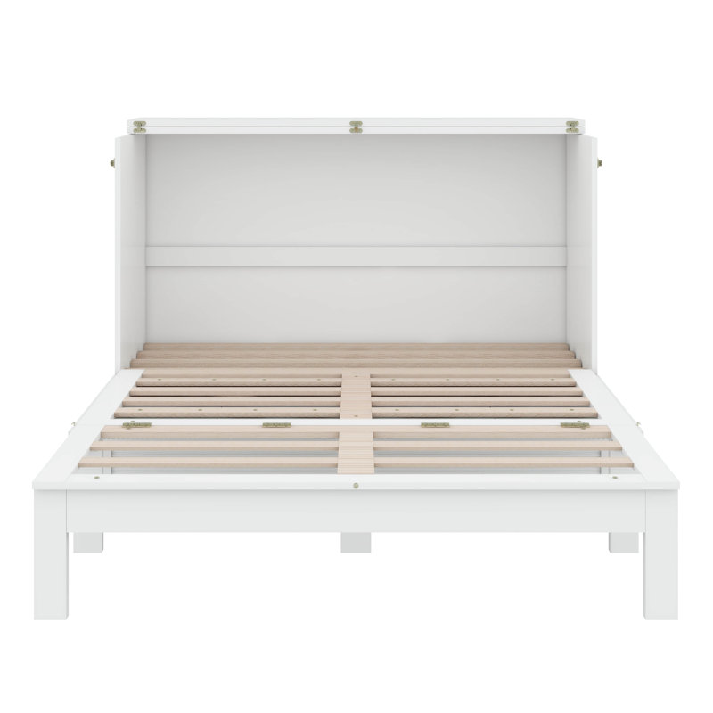 Lit escamotable pratique avec tiroirs intégrés et prises de recharge USB, Lit double, Blanc