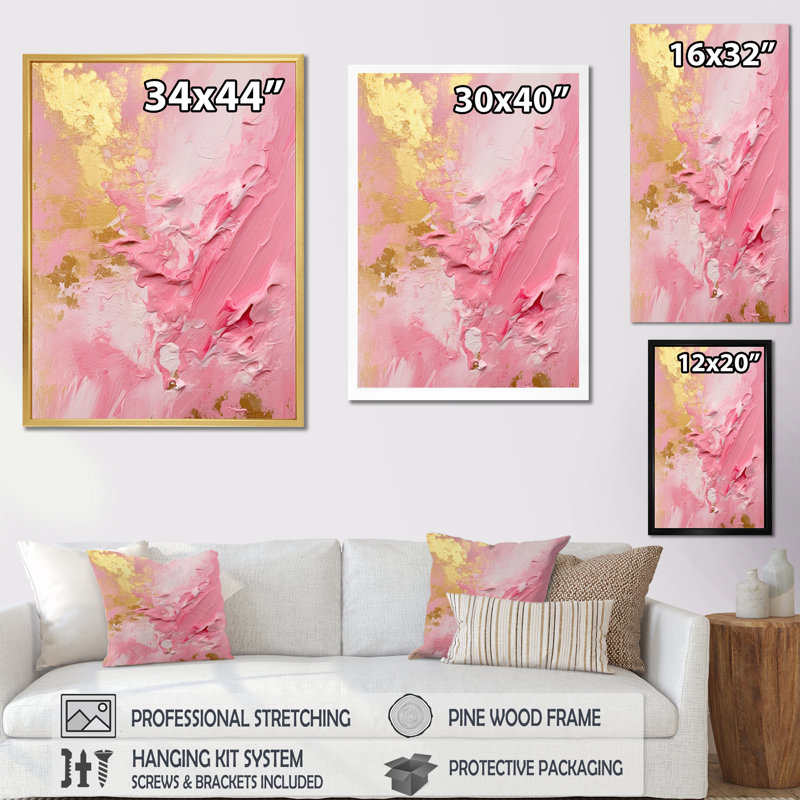 Pink and Gold Emerging Energies III - Print on Canvas, Gold Floater Framed, 44" H  x 34" W x 1.5" D