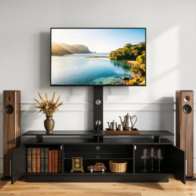 TV Stand with Mount, 59.1 Inch, Swivel TV Stand Console with Power Outlet, for 32-75 Inch TVs, Height Adjustable Modern Entertainment Center with Storage & LED Lights, for Living Room, Black
