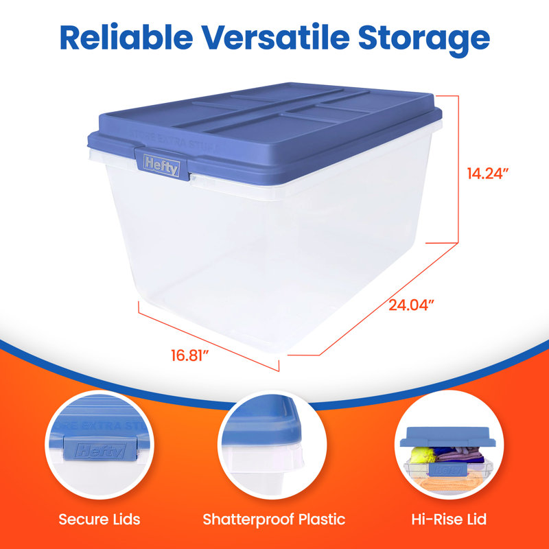 Contenant de rangement empilable Hefty 72 Qt Hi-Rise avec couvercle, paquet de 6, bleu, 72