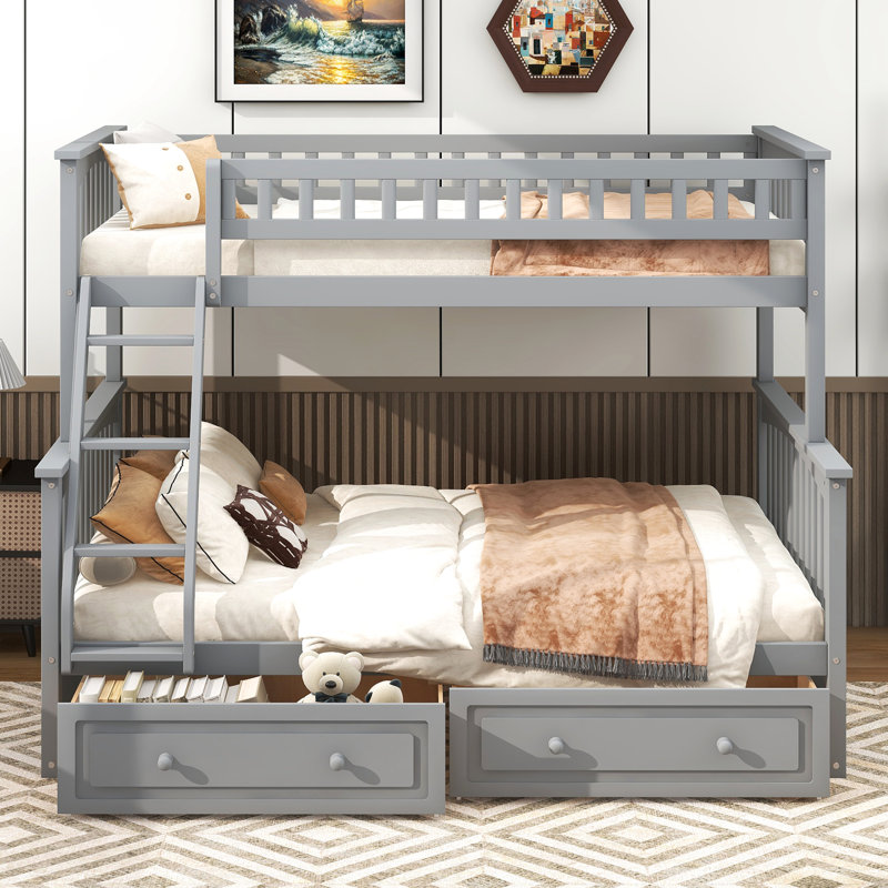 Convertible Twin Over Full Gray Bunk Bed With Drawers, Pine And Build, Reliable Design, Fence - Type Guardrails For Protection, Simple Assembling Endeavor Like